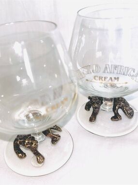 Wild Africa Cream Liqueur Glass Bronze Metal Leopard Pair 2 Small Glasses